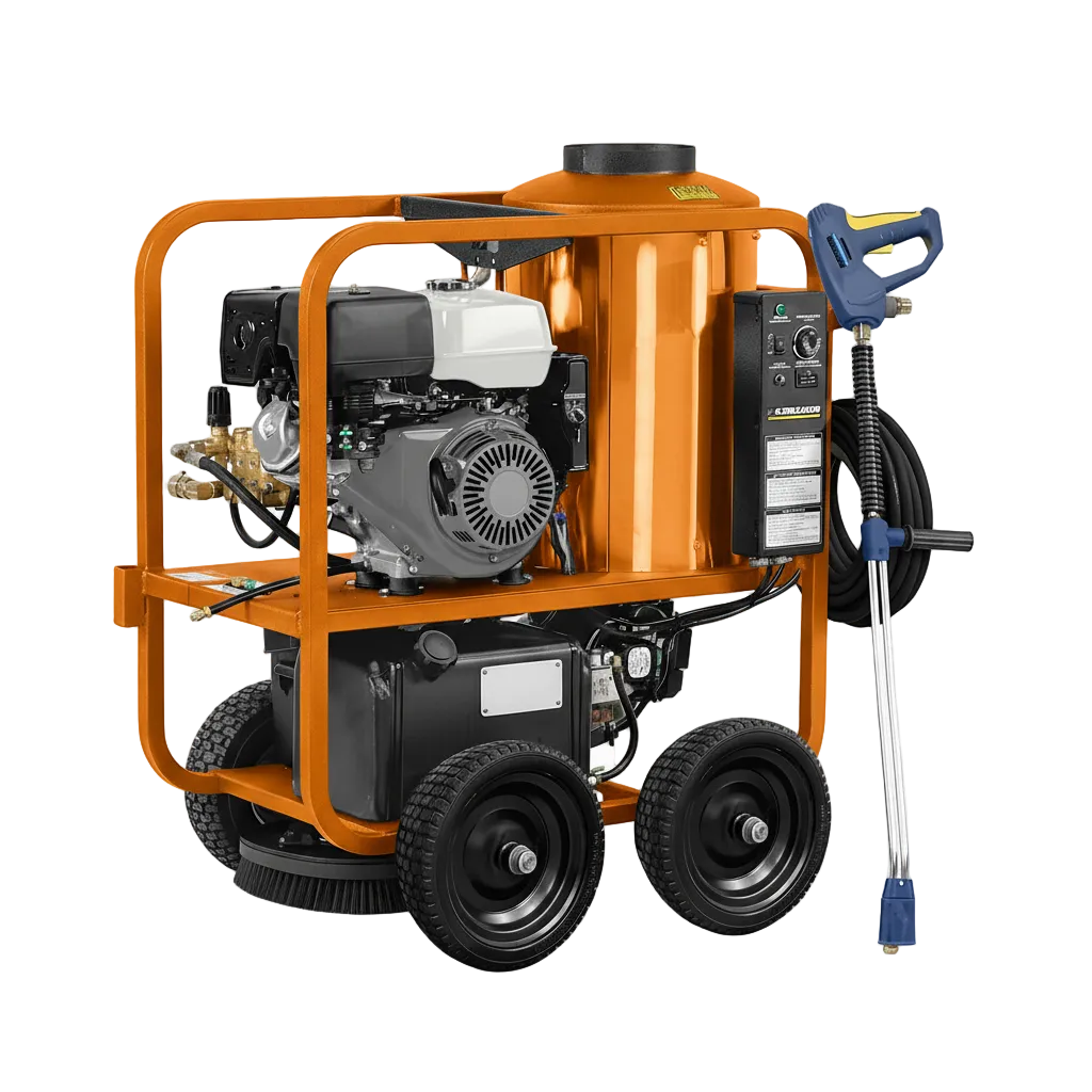 Orange industrial hot water pressure washer skid unit with gas engine, diesel burner, and pneumatic tires
