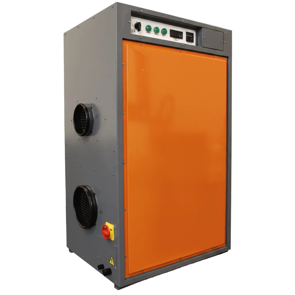 Tall orange and gray industrial desiccant dehumidifier with two side air ports, top control panel, and emergency stop button