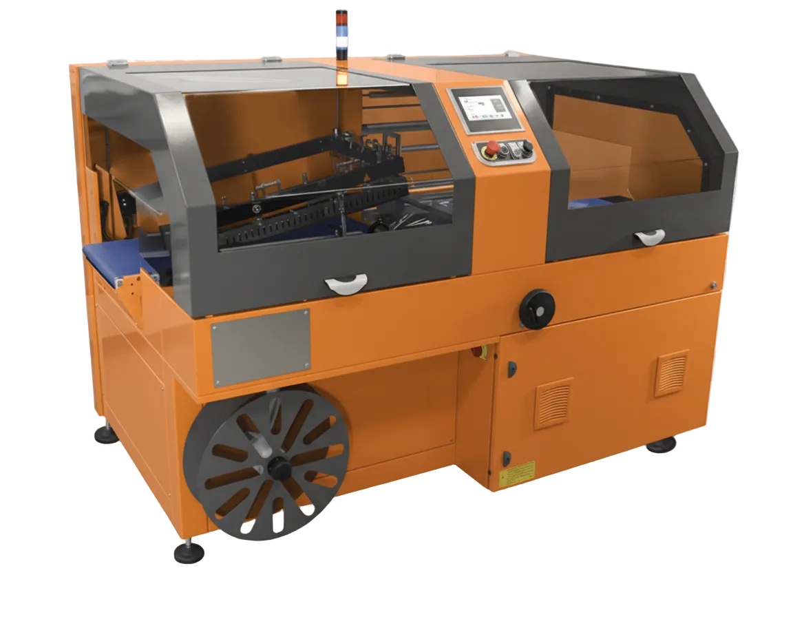 L-bar sealer shrink wrap machine with heated sealing arm, touchscreen control panel, and integrated conveyor