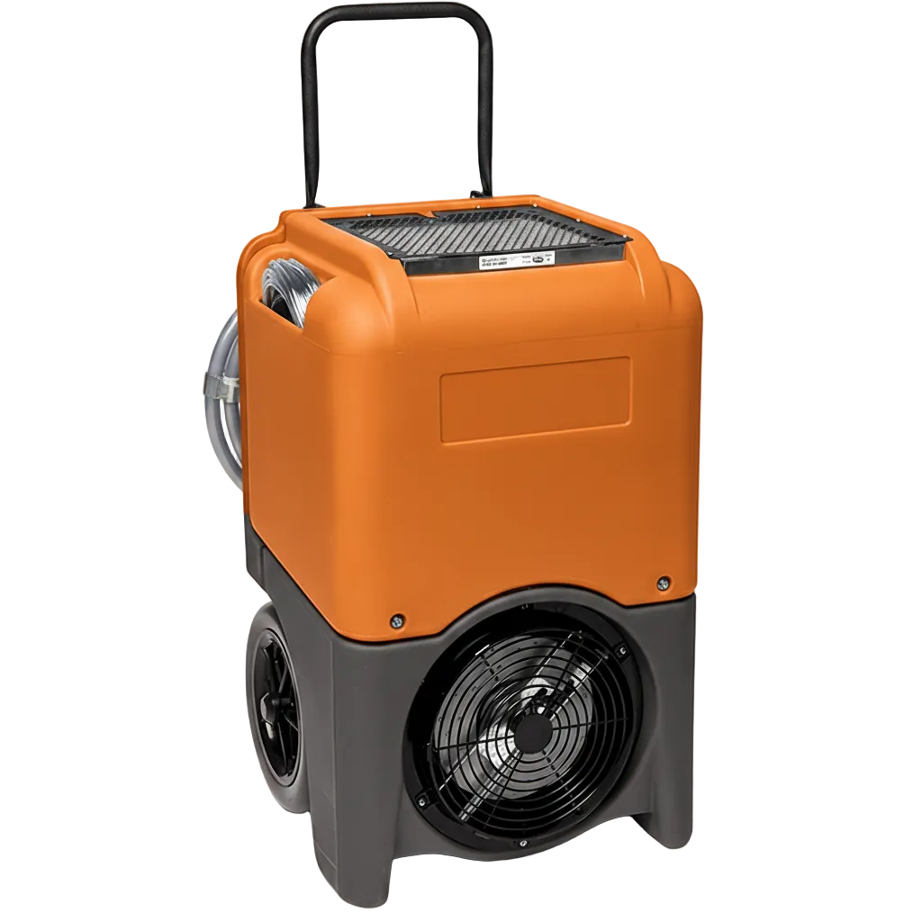 Orange LGR restoration dehumidifier with telescoping handle and wheels