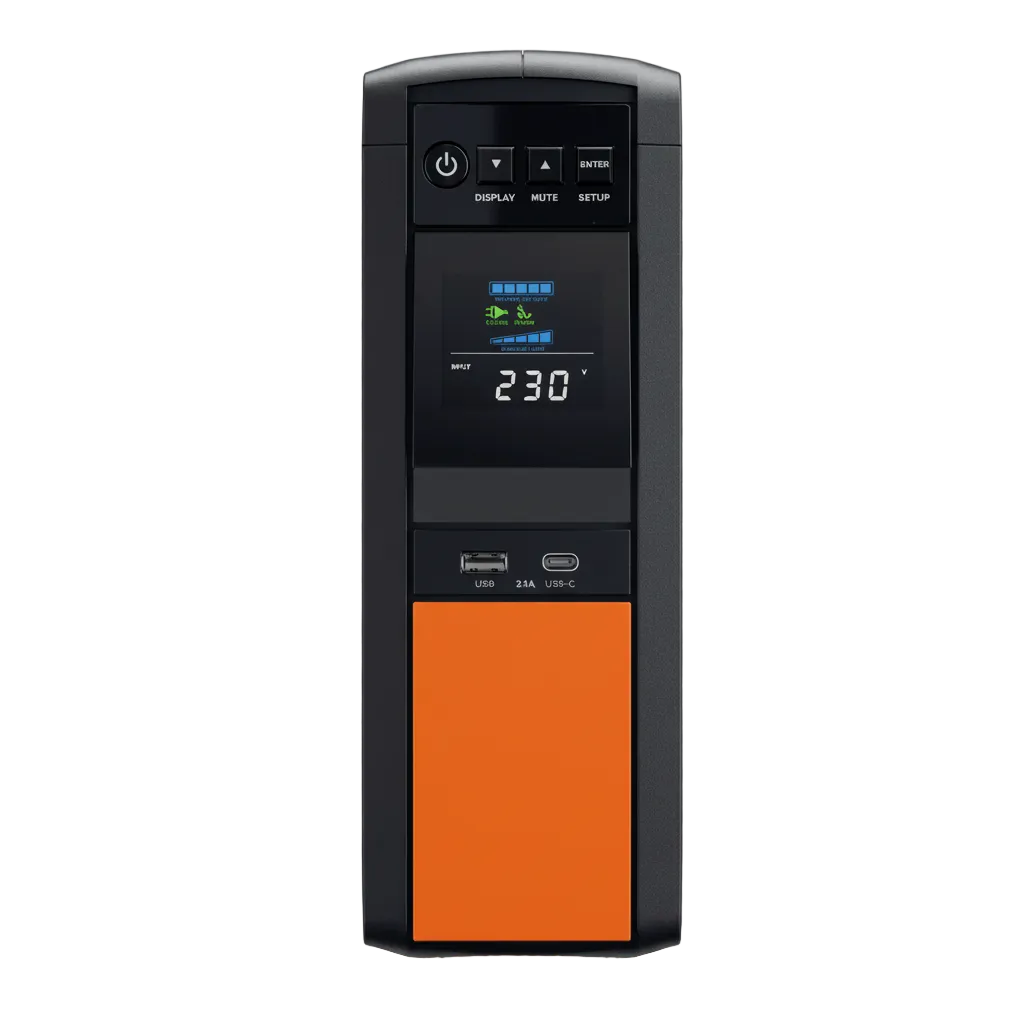 Black and orange line-interactive tower desktop UPS with LCD showing 230 V output