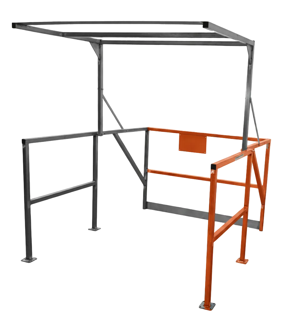 Orange and gray pivoting mezzanine pallet drop safety gate with dual rails on steel frame