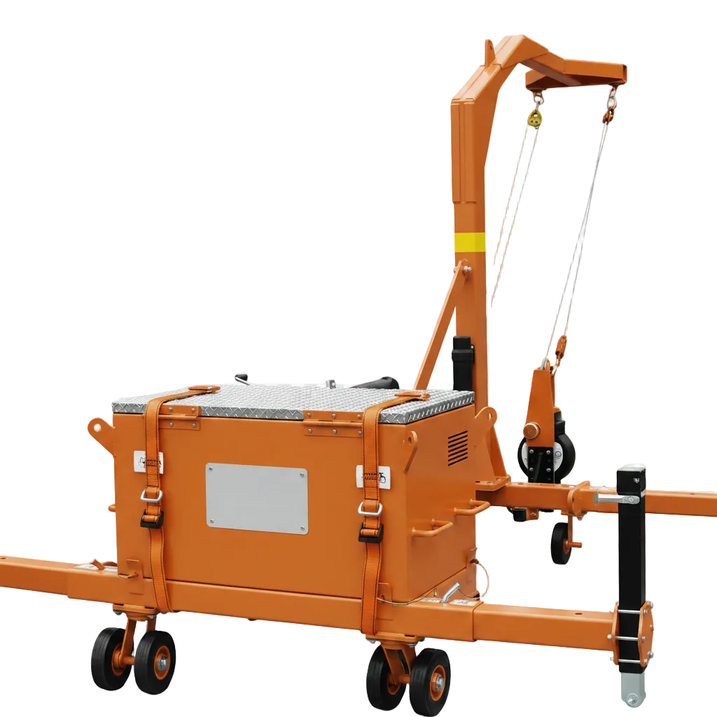 Orange mobile fall arrest mast cart with counterweight base, overhead anchor arm, and locking casters