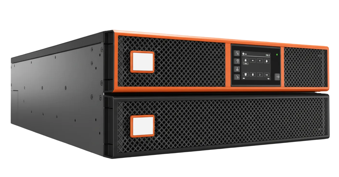 Convertible rack-tower online double-conversion UPS in black and orange with extended battery module