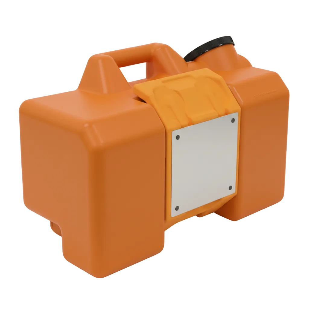 Portable safety orange gravity-fed eyewash station tank with carry handles and flip-top lid