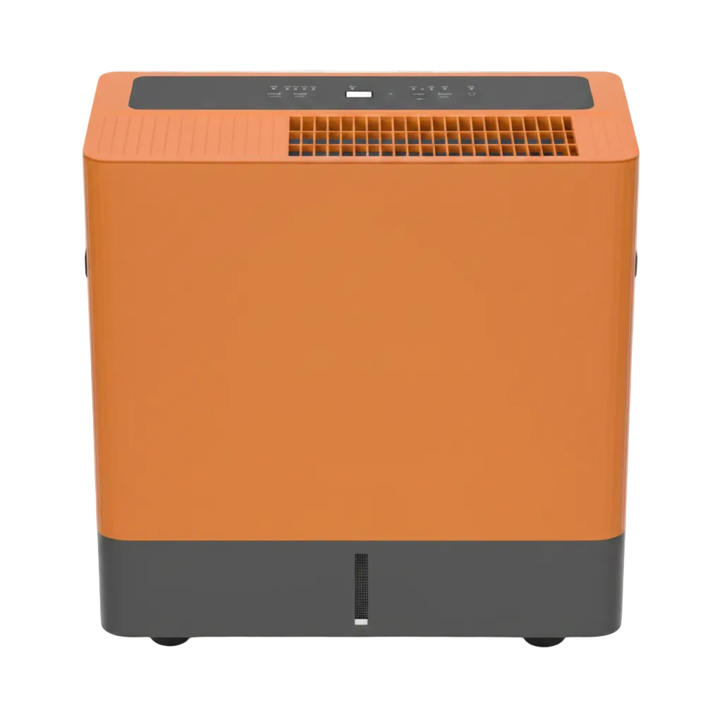 Compact upright orange and gray portable residential dehumidifier with top control panel and upward discharge vent