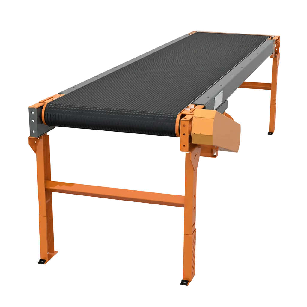 Powered belt conveyor with black belt, orange welded steel frame, and side-mounted gearmotor drive
