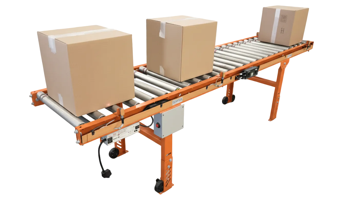 Powered roller accumulation conveyor moving cardboard cartons on a steel-roller bed with orange supports
