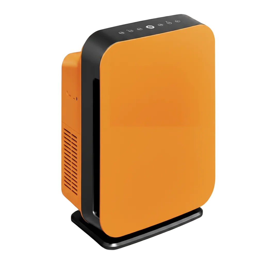 Orange residential HEPA tower air purifier with touch control panel and pedestal base
