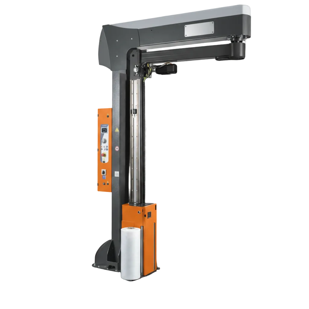 Rotary arm stretch wrapper with overhead rotating boom, vertical mast, and powered film carriage