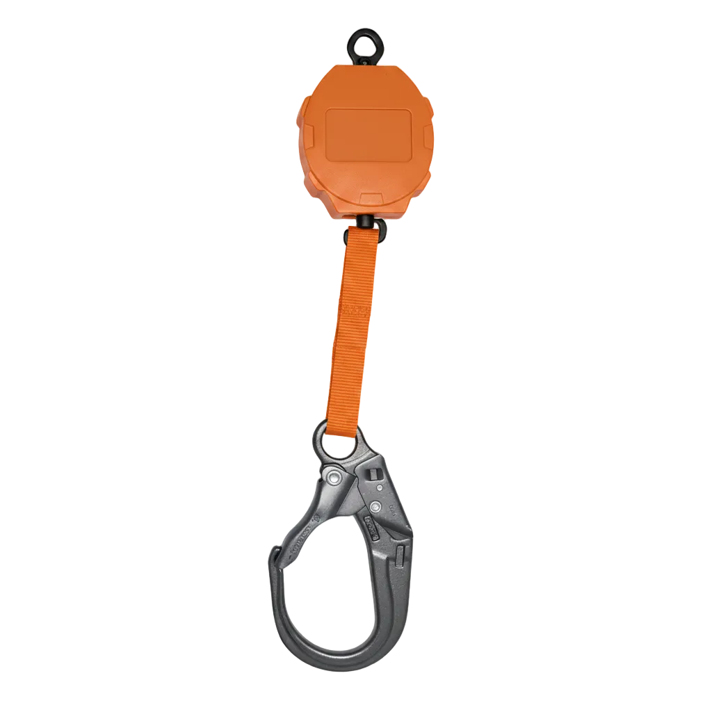 Orange self-retracting lifeline housing with polyester webbing and forged steel rebar snap hook
