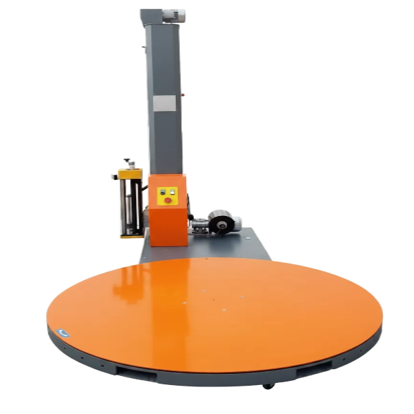 Semi-automatic turntable stretch wrapper with mast-mounted film carriage and round powered turntable