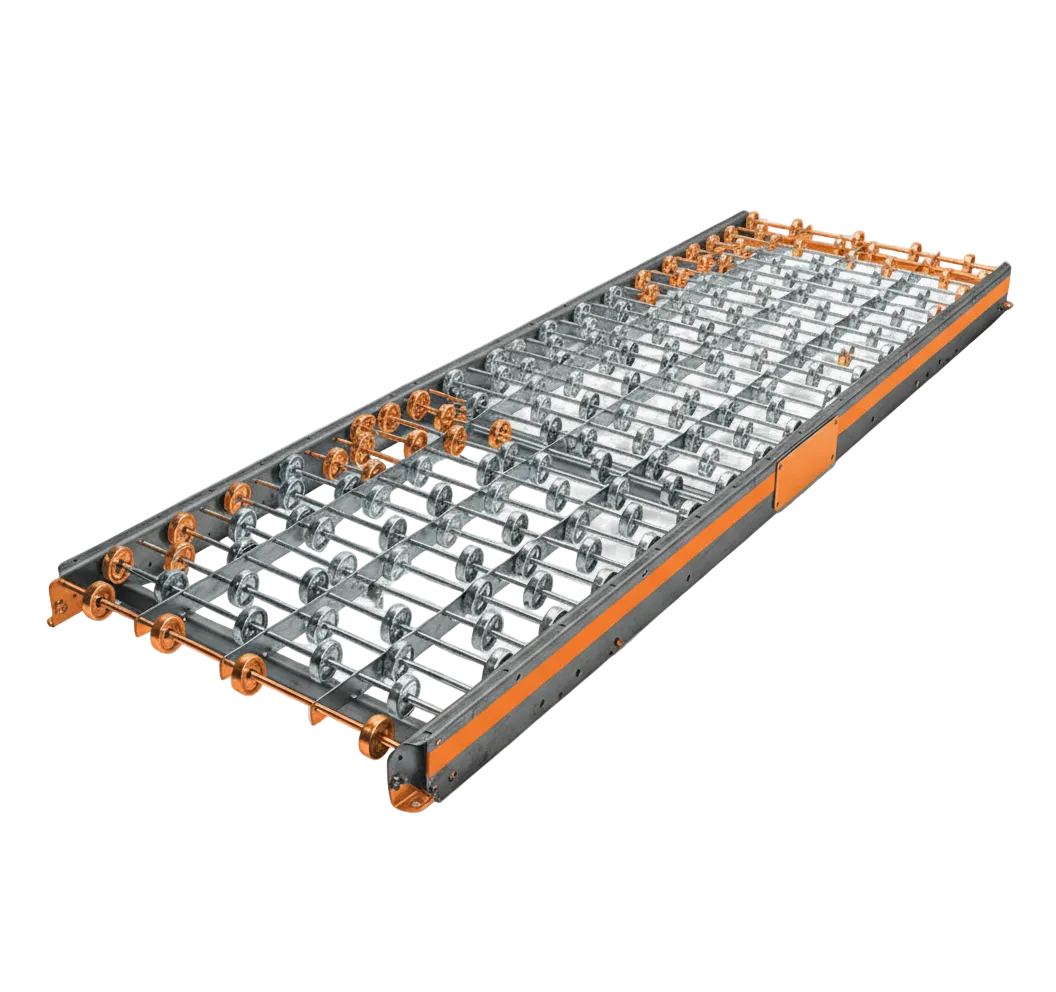 Gravity skatewheel conveyor section with dense steel skatewheels in an orange welded frame