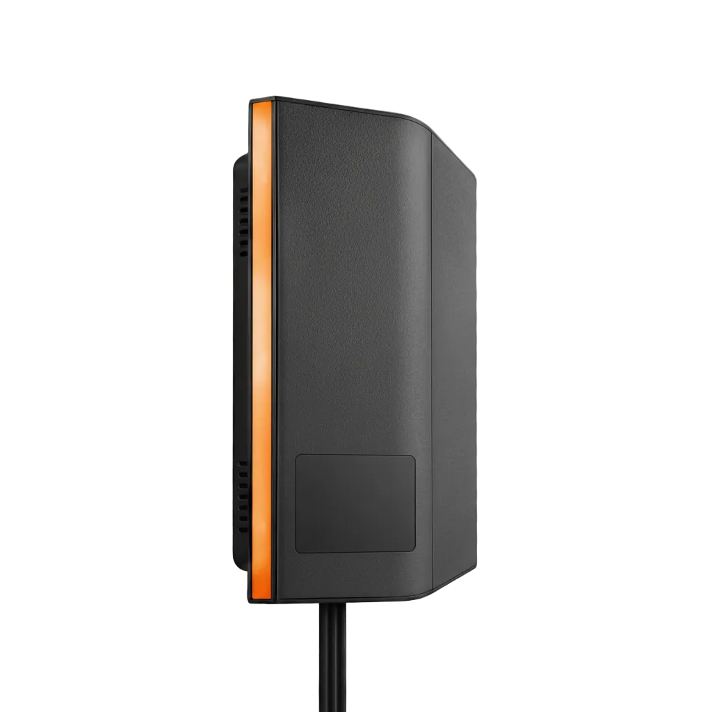 Wall-mounted smart flow monitoring water assistant with black housing and orange accent