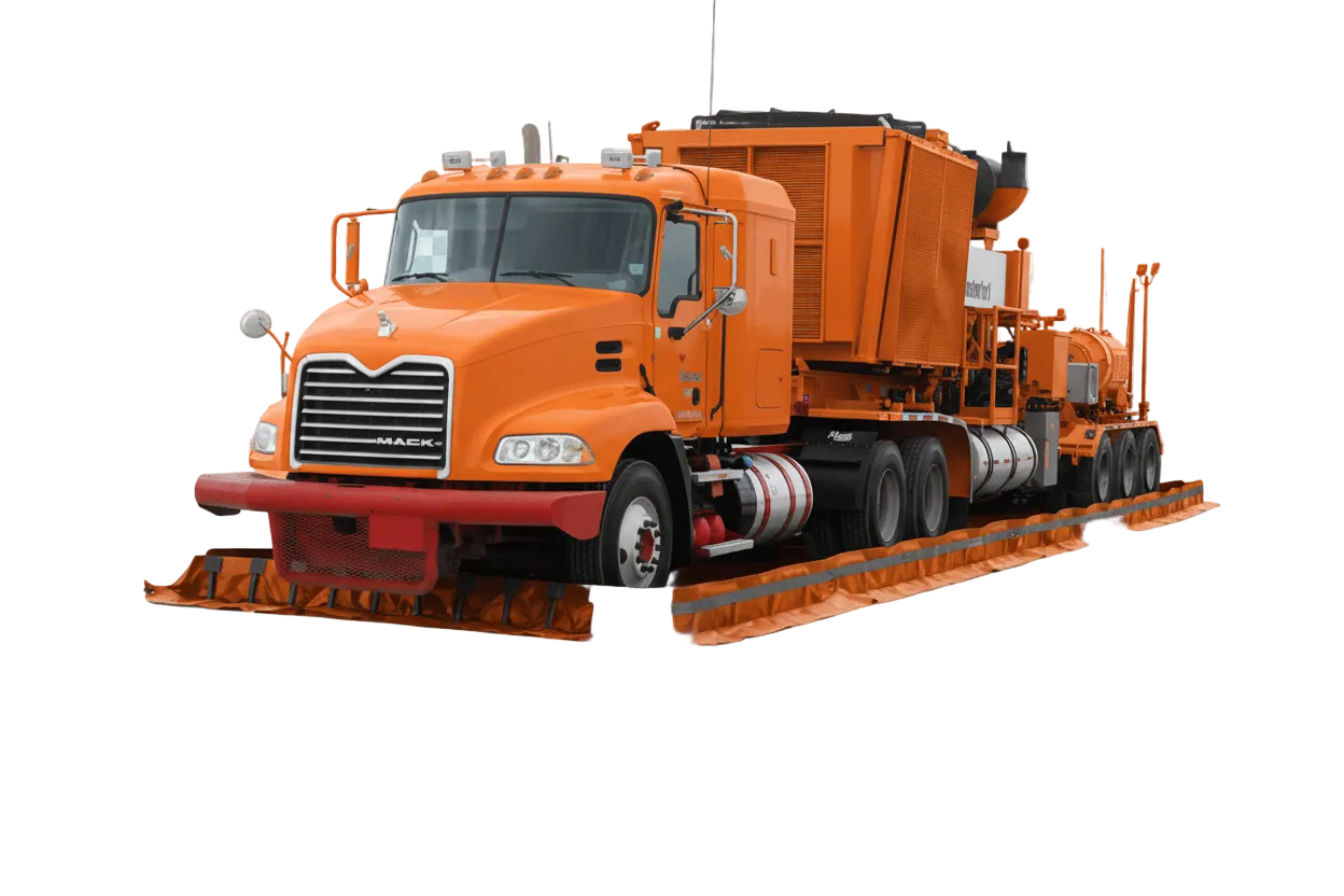 Orange service truck parked on heavy-duty reinforced PVC drive-through spill containment berm