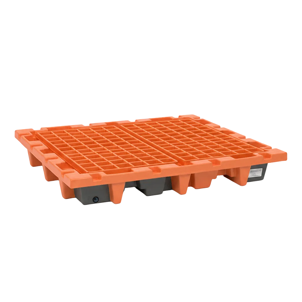 Orange 4-drum polyethylene spill containment pallet with grated deck and forklift pockets