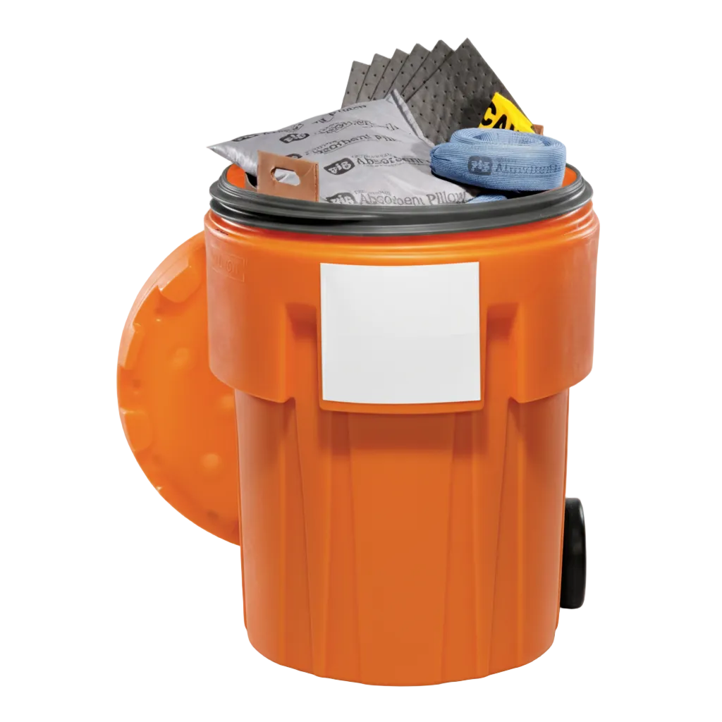Orange wheeled 65-gallon overpack spill response kit with sorbent pads, socks, and PPE inside