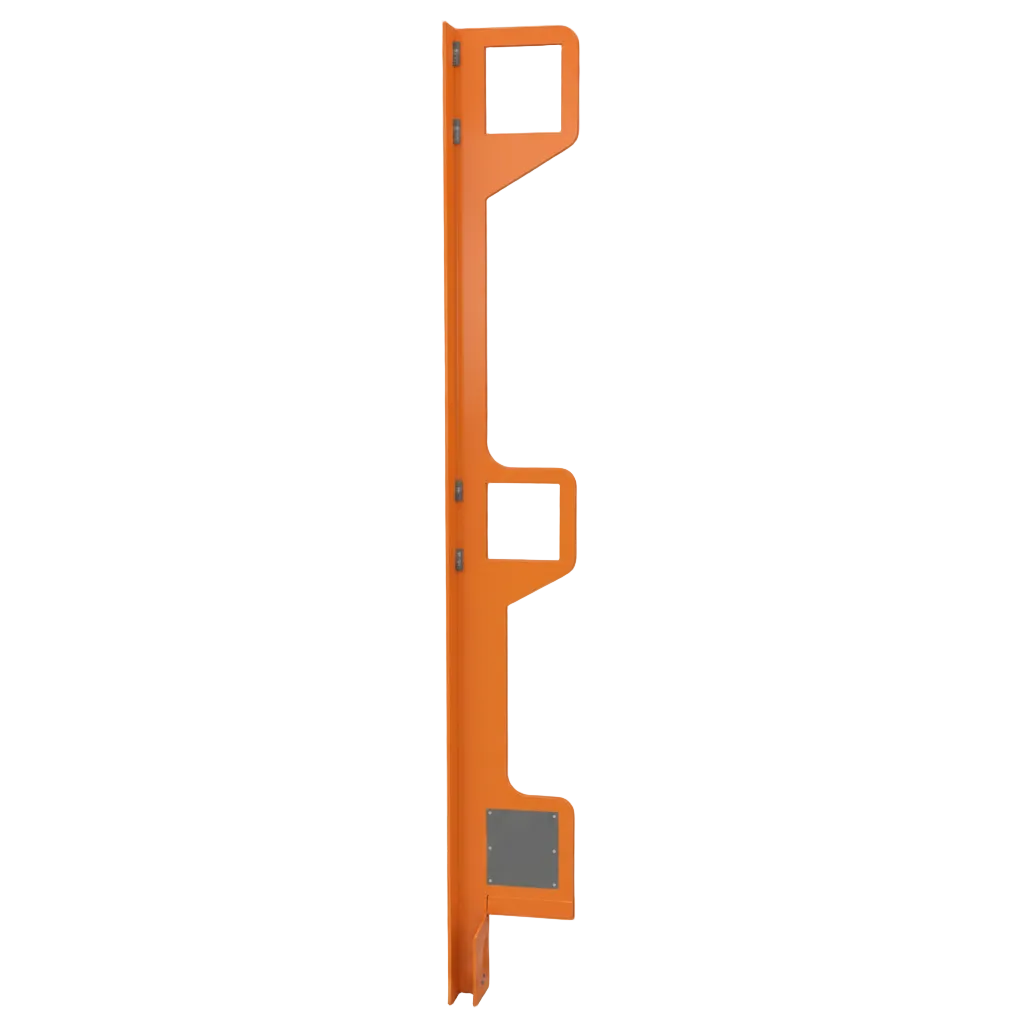 Tall orange powder-coated steel temporary guardrail post with integrated top, mid, and toeboard rail pockets