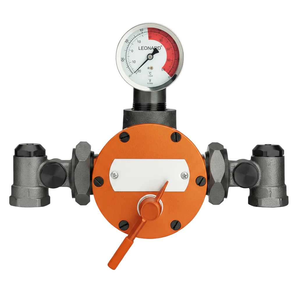 Bronze thermostatic mixing valve with outlet thermometer gauge and red adjustment handle for emergency fixtures