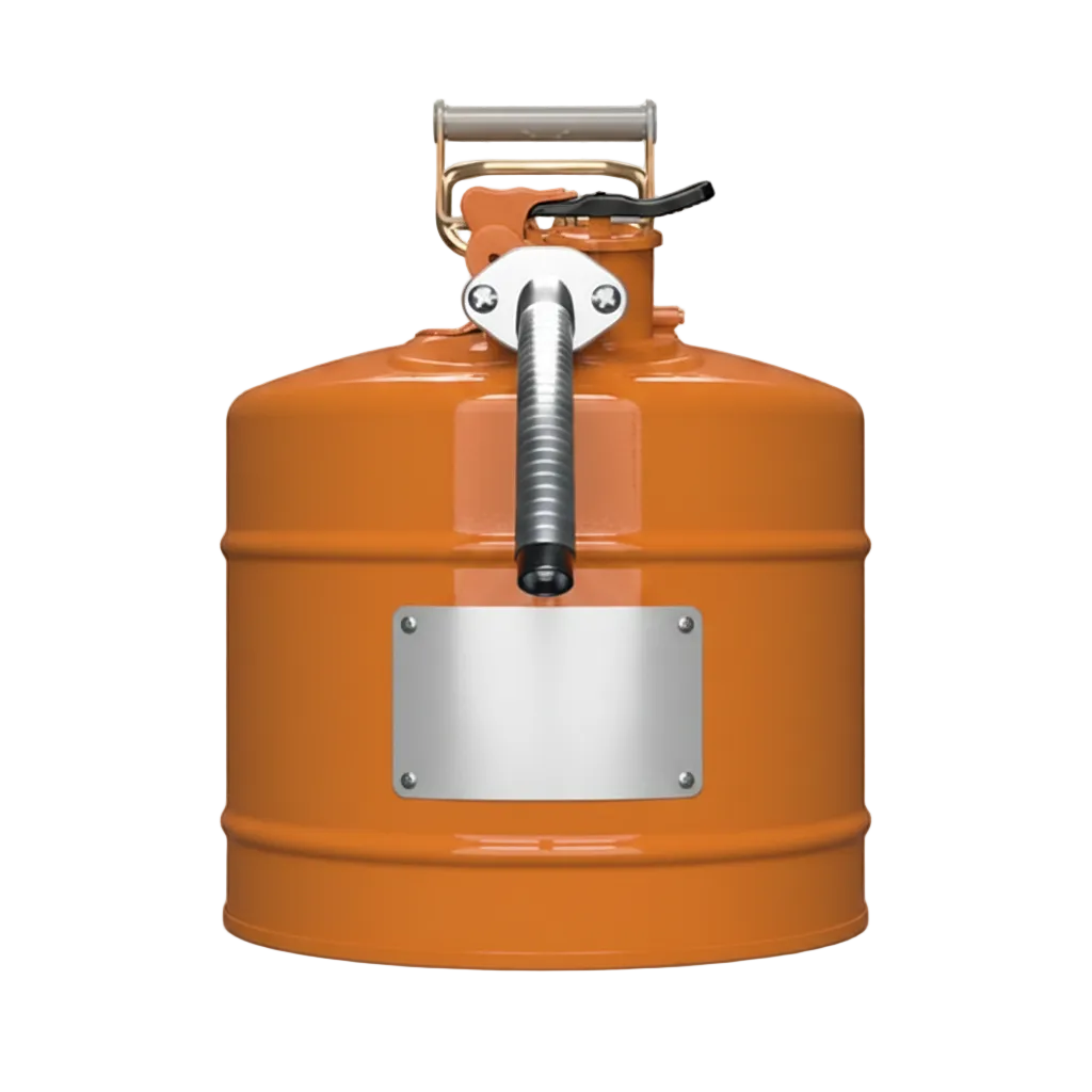 Orange Type II steel safety can with metal pour spout, trigger handle, and blank ID plate