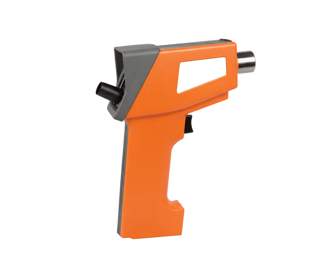 Orange and gray pistol-grip ultrasonic leak detector with focusing nozzle and integrated display