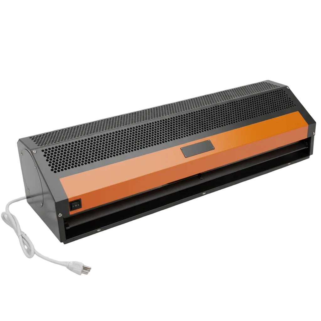 Unheated commercial air curtain with orange front panel and power cord