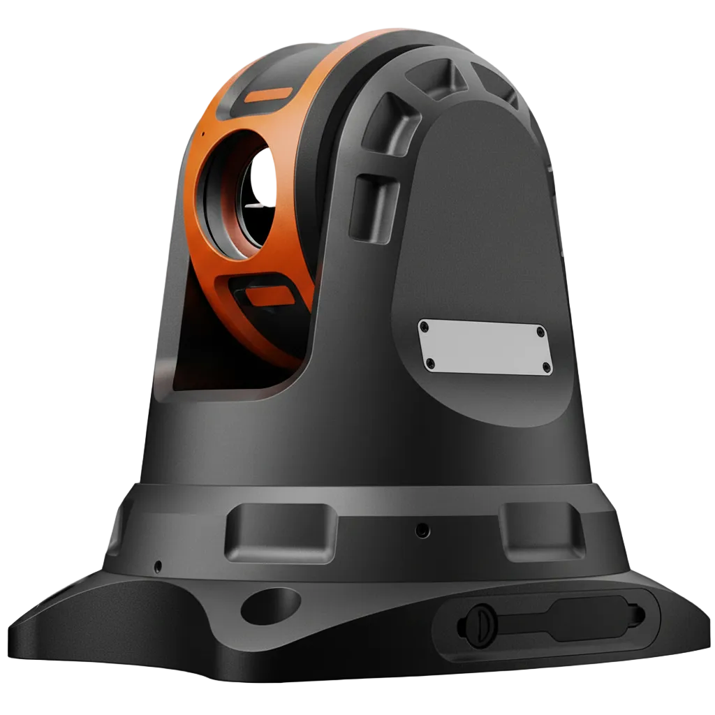 Rugged black and orange vehicle-mounted thermal PTZ camera with dual sensor head on stabilized base