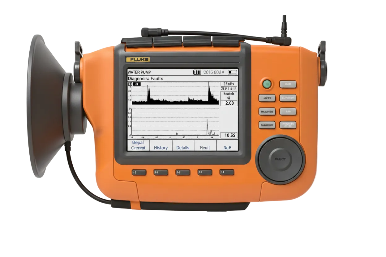 Orange handheld two-channel vibration analyzer with color FFT spectrum display, keypad, and accelerometer cable