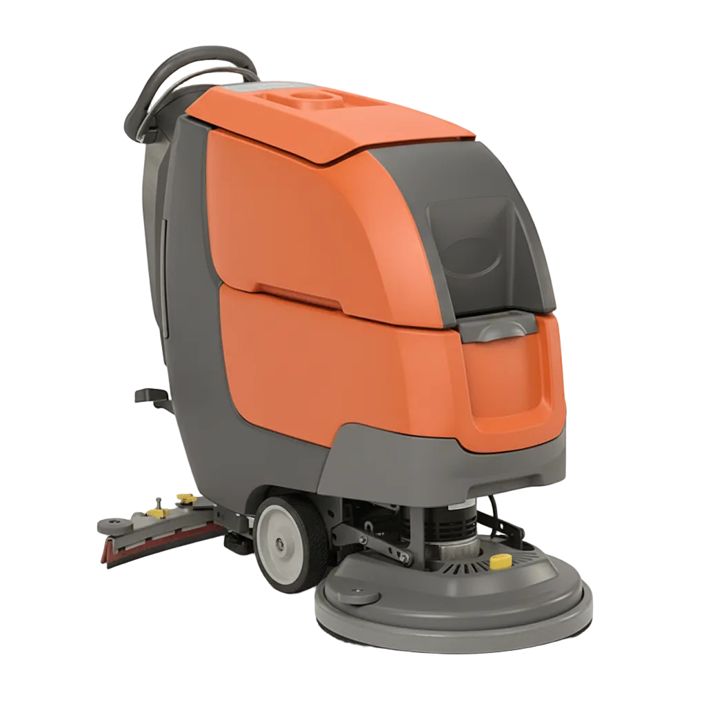 Orange and gray walk-behind auto-scrubber with single-disc scrub head and rear squeegee