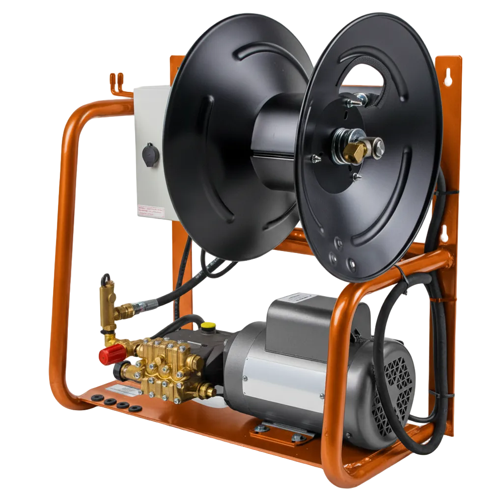 Wall-mount stationary pressure washer with black hose reel and electric motor on orange frame