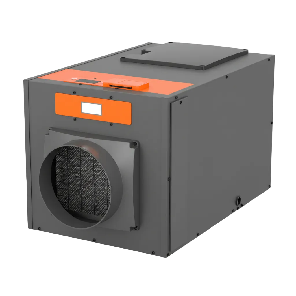 Gray and orange whole house ducted dehumidifier with large round duct collar, top control panel, and insulated steel cabinet