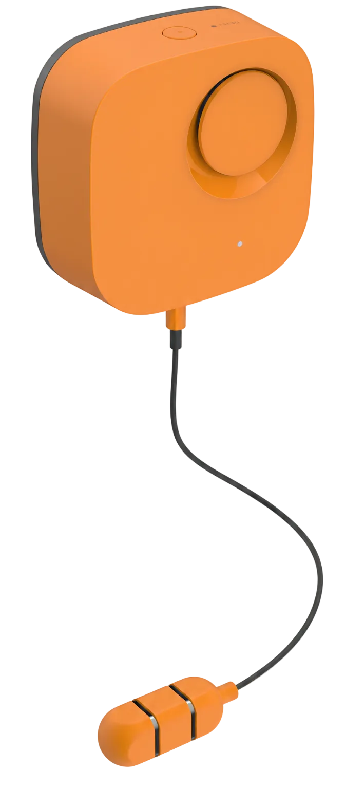 Orange Wi-Fi spot water leak sensor with tethered remote probe on cable